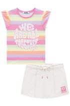 Conjunto Infantil Blusa em Malha Fresh Listrada Color e Shorts-saia em Sarja Pita - Kukiê Conjunto Infantil Blusa em Malha Fresh Listrada Color e Shorts-saia em Sarja Pita - Kukiê