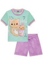 Conjunto Infantil Blusa em Meia Malha Gatinho Copo Pompom e Shorts em Sarja - Kukie