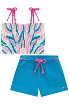Conjunto Infantil Blusa em Super Soft Zebrada Colorida e Shorts em Sarja Pita - Infanti