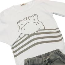 Conjunto Infantil Blusa Estampada Dinossauro e Calça Lisa Cinza