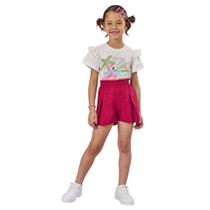 Conjunto infantil blusa flamingo shorts em blend linho kukiê Conjunto infantil blusa flamingo shorts em blend linho kukiê