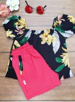 Conjunto infantil blusa floral e short pink
