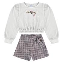 Conjunto Infantil Blusa Manga Longa Texturizada com Short Saia Off/Rosa - Kiki xodó