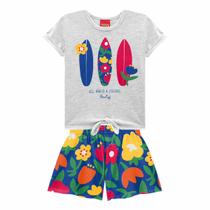 Conjunto Infantil Blusa Mescla Pranchas Surf e Short Azul Flores Kyly