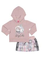 Conjunto Infantil Blusa Moletom e Saia em Molecotton TMX Gatinha Rosa