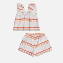 Conjunto Infantil Blusa Short Babado Laço Bufante Linho