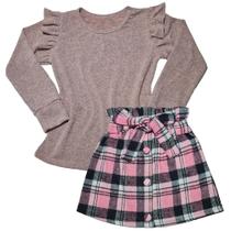 Conjunto Infantil Blusinha Saia Xadrez Moda Menina Outono Inverno São João Festa Junina - 2L Kids