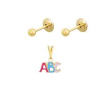 Conjunto Infantil Brinco Bola e Pingente ABC Banhado a Ouro Conjunto Infantil Brinco Bola e Pingente ABC Banhado a Ouro