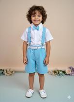 Conjunto Infantil Camisa Branca com Short Suspensório e Gravata Azul