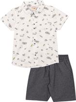 Conjunto Infantil Camisa em Tricoline e Bermuda Nini&Bambini Skate Branco e Cinza