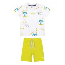 Conjunto Infantil Camisa Flamê Manga Curta Estampada E Bermuda Piquet Com Elástico e Cordão Charpey