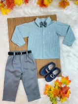 Conjunto Infantil Camisa Listrada Verde e Calça Cinza com Cinto para Meninos e Meninas