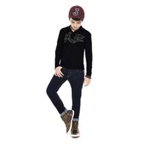 Conjunto Infantil Camisa ML Polo em Malha Botonê Preta e Calça Jeans Azul Escuro Johnny Fox
