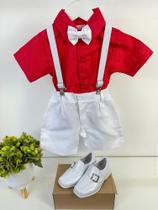 Conjunto infantil Camisa Vermelha Suspensório Branco Natal