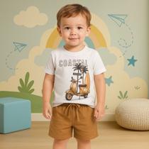 Conjunto Infantil Camiseta Branca Estampada e Bermuda Camurça em Moletom Confortavel Sofisticado Moderno Kyly 1001086