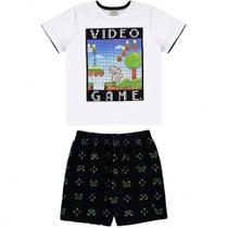 Conjunto infantil camiseta branca estampado video game com shorts preto estampado controle verde - Boca Grande