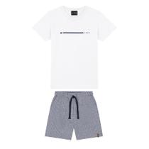 Conjunto Infantil Camiseta Branca Meia Malha e Bermuda Listrada Azul Kamylus