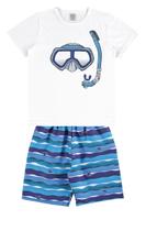 Conjunto infantil camiseta branco estampado mergulho e bermuda azul estampado tubarão