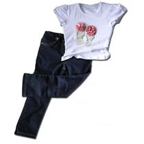 Conjunto Infantil Camiseta Chinelos com Brilho e Calça Legging Jeans