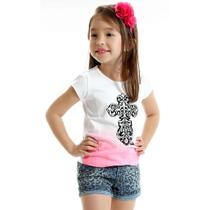 Conjunto Infantil Camiseta Cruz Ombré e Short Jeans Panther