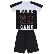 Conjunto infantil camiseta curta branco e preto estampado game e bermuda moletinho preto