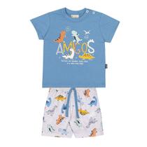 Conjunto Infantil Camiseta e Bermuda JACA-LELÉ Amigos Dinossauros e Mescla Azul