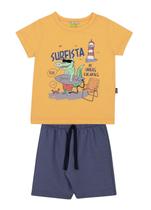 Conjunto Infantil Camiseta e Bermuda JACA-LELÉ Jacaré Surfista Laranja e azul