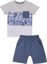 Conjunto Infantil Camiseta e Bermuda Nini&Bambini Folhagem Azul e Cinza