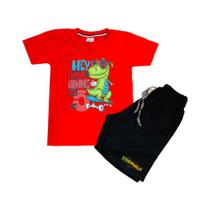 Conjunto Infantil Camiseta e Short Dino Skate Confortável Macio