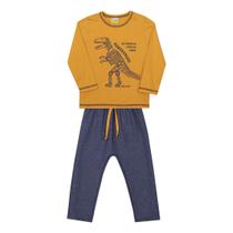 Conjunto Infantil camiseta em malha e calça moletinho Jaca Lelé dinossauro amarelo e azul