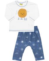 Conjunto Infantil camiseta em malha e calça moletinho Jaca Lelé sol offwhite e azul