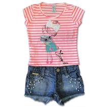 Conjunto Infantil Camiseta Listrada Menina Fotógrafa e Short Jeans Pérolas