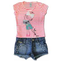 Conjunto Infantil Camiseta Listrada Menina Fotógrafa e Short Jeans Pérolas Conjunto Infantil Camiseta Listrada Menina Fotógrafa e Short Jeans Pérolas
