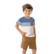 Conjunto Infantil Camiseta Malha e Botonê Azul e Bermuda Marrom Milon Tamanho:12 anos Conjunto Infantil Camiseta Malha e Botonê Azul e Bermuda Marrom Milon Tamanho:12 anos
