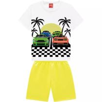 Conjunto Infantil Camiseta Manga Curta Carros e Bermuda (Branco e Verde Limão) KYLY