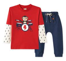 Conjunto Infantil Camiseta manga longa e Calça Cotton Jeans Pingo Lelê Macaquinho Vermelho e azul