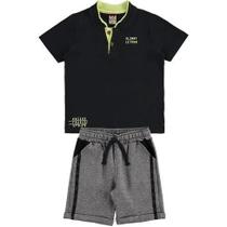 Conjunto infantil camiseta preta estampa em relevo e shorts mescla