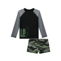 Conjunto Infantil Camiseta Preta Manga Longa e Sunga Camuflada em Malha UV Dry com Proteção UV 50+ Menino Praia Piscina