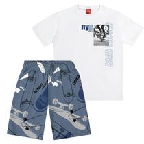 Conjunto Infantil Camiseta Skate Street e Bermuda Azul Denim Kyly