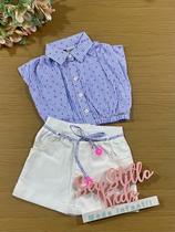 Conjunto Infantil Catavento Verão Com Shorts Saia e Blusa Azul Listrada