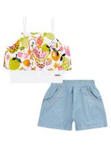 Conjunto Infantil Catavento Verão Shorts Azul Jeans e Cropped Frutas