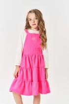 Conjunto Infantil Cindi com Vestido Rosa em Veludo Cotelê e Camiseta de Manga Longa Creme