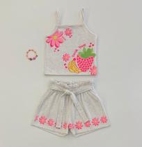 Conjunto Infantil Cinti Cropped Linho Frutas Neon com Shorts Floral e Pulseira