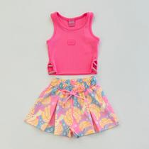 Conjunto Infantil Cinti Cropped Pink Neon e Shorts Saia Estampa Tropical