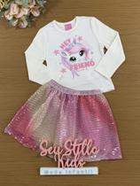 Conjunto Infantil Cinti Inverno com Short Saia Paetê e Blusa Branca Unicórnio