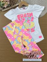 Conjunto Infantil Cinti Verão com Calça Legging Colorida e Blusa Branca Frutinhas Fresh