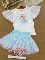 Conjunto Infantil Cinti Verão com Saia Azul em Tule e Blusa Branca Sereia