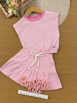 Conjunto Infantil Cinti Verão com Saia e Blusa Rosa Listrada