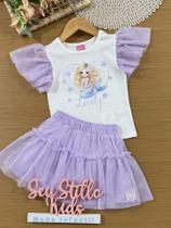 Conjunto Infantil Cinti Verão com Saia Lilás em Tule e Blusa Branca Sereia