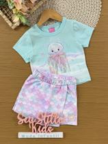 Conjunto Infantil Cinti Verão com Short Saia e Blusa Azul Água Viva